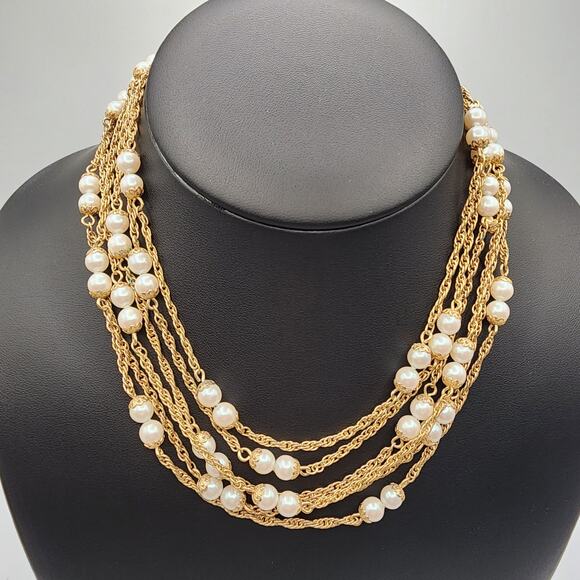 Kramer 6-Strand Gold-Tone Faux Pearl Necklace • Adjustable 14–16" Choker - Picture 8 of 8